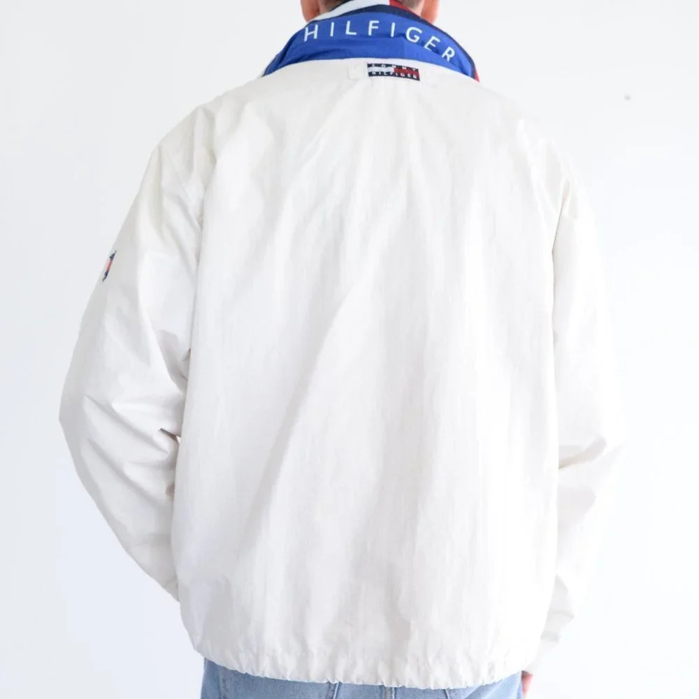 Vintage Y2K Tommy Hilfiger White Full Zip Windbreaker w Hidden Hood Size  Large - Picture 2 of 15